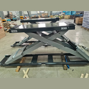 Katool KT-X99 full-rise scissor lift raised, 7,700 lb capacity, branded X99 platform