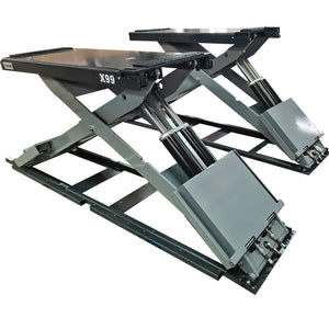 Katool KT-X99 full-rise scissor lift side angle, raised position, grey powder-coat finish