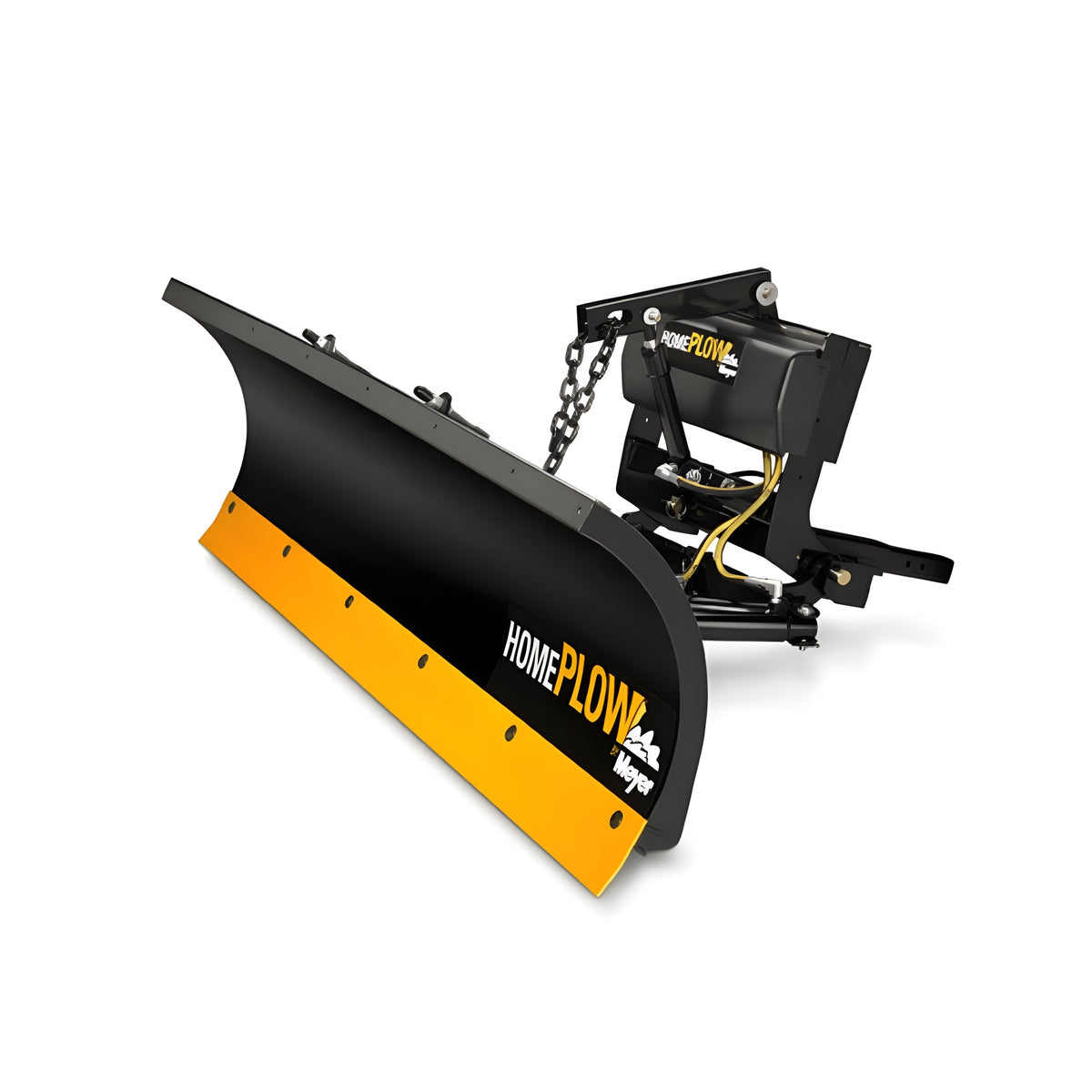 HomePlow by Meyer snow plow with black moldboard, yellow cutting edge and lift frame, three-quarter view