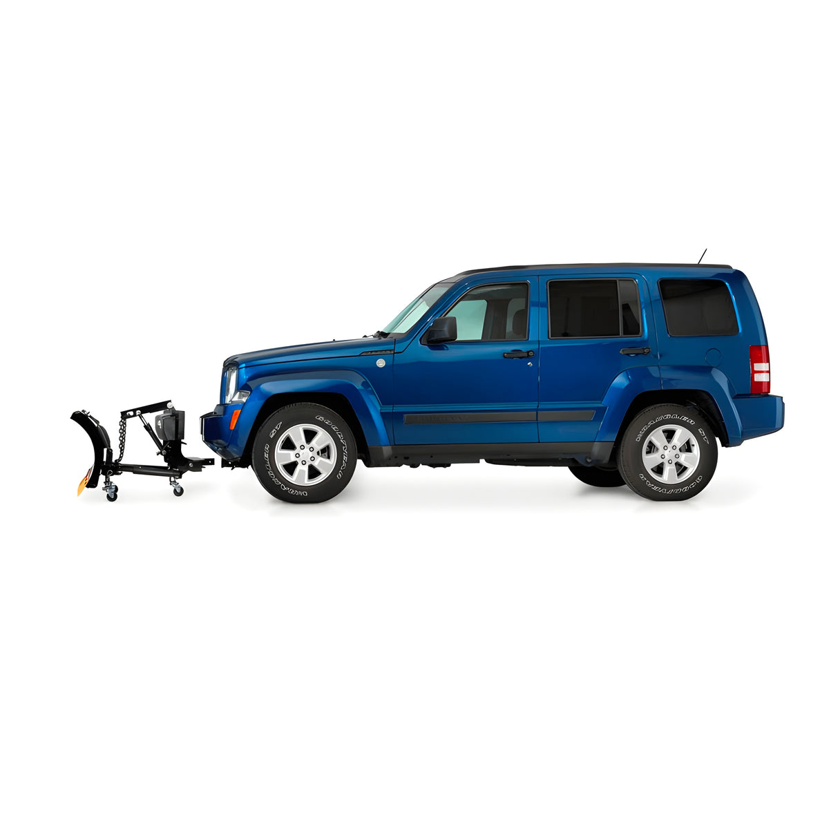 HomePlow on caster wheels at the front of a blue SUV, side view