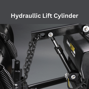 Hydraulic lift cylinder, lift chain and trip springs on a HomePlow lift frame