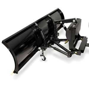 Rear view of a HomePlow showing trip springs, lift chain, A-frame, angle rams and a caster wheel