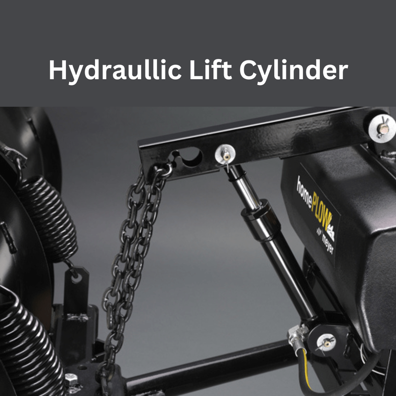 Hydraulic lift cylinder, lift chain and trip springs on a HomePlow lift frame