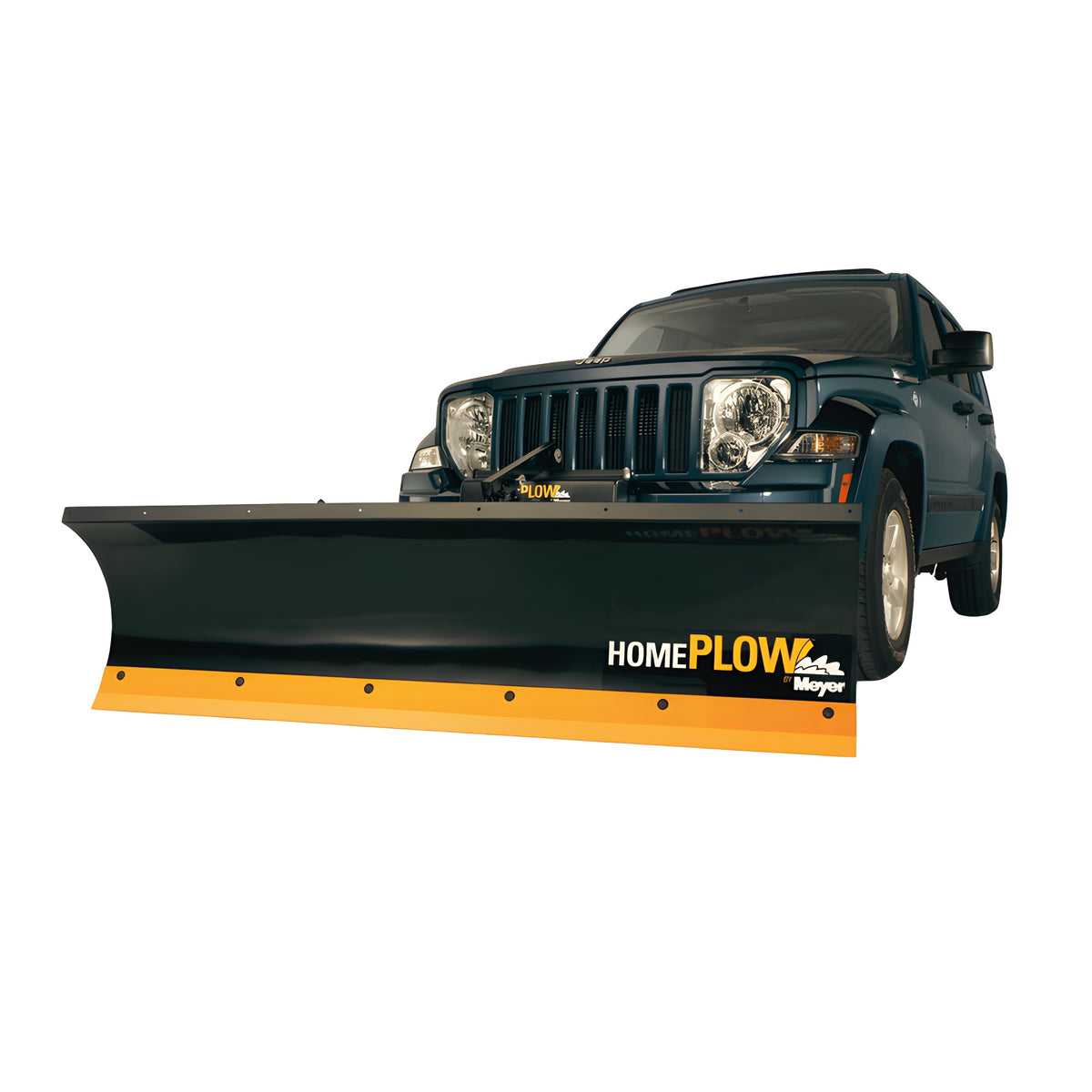 HomePlow by Meyer blade mounted on a dark blue Jeep SUV, front view