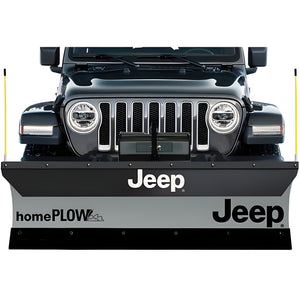 Jeep HomePlow with silver and black Jeep-branded blade and yellow plow markers on the front of a Jeep