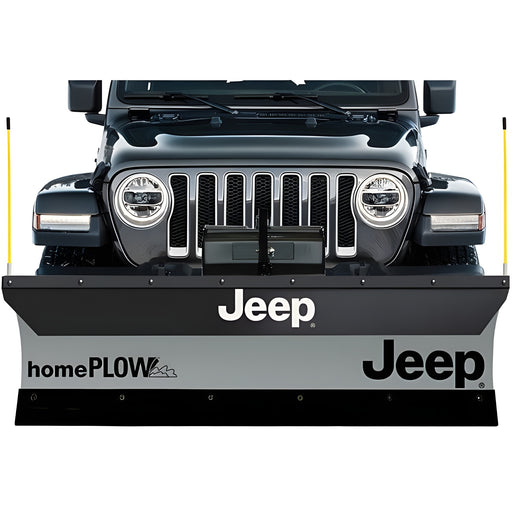 Jeep HomePlow with silver and black Jeep-branded blade and yellow plow markers on the front of a Jeep