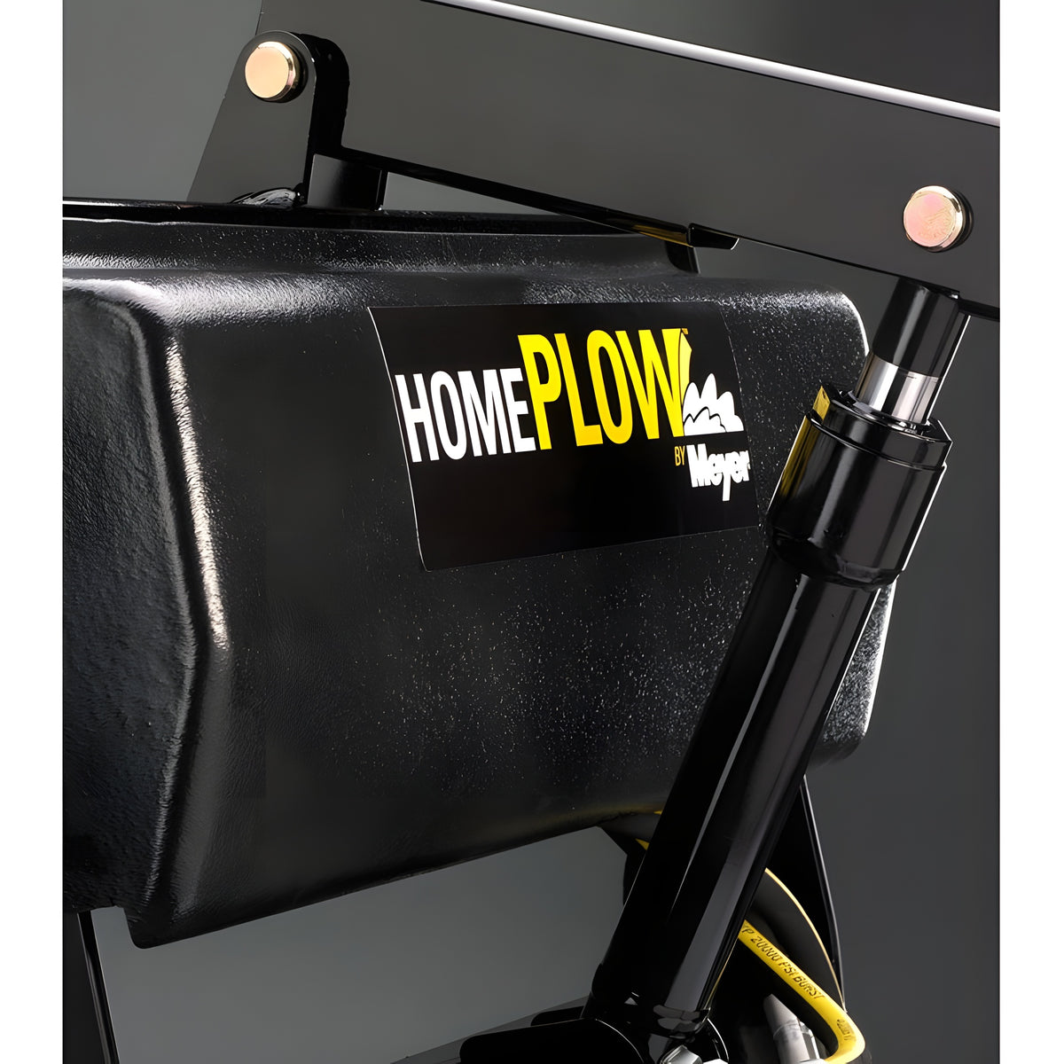 HomePlow by Meyer power unit cover with lift cylinder and yellow hydraulic hose