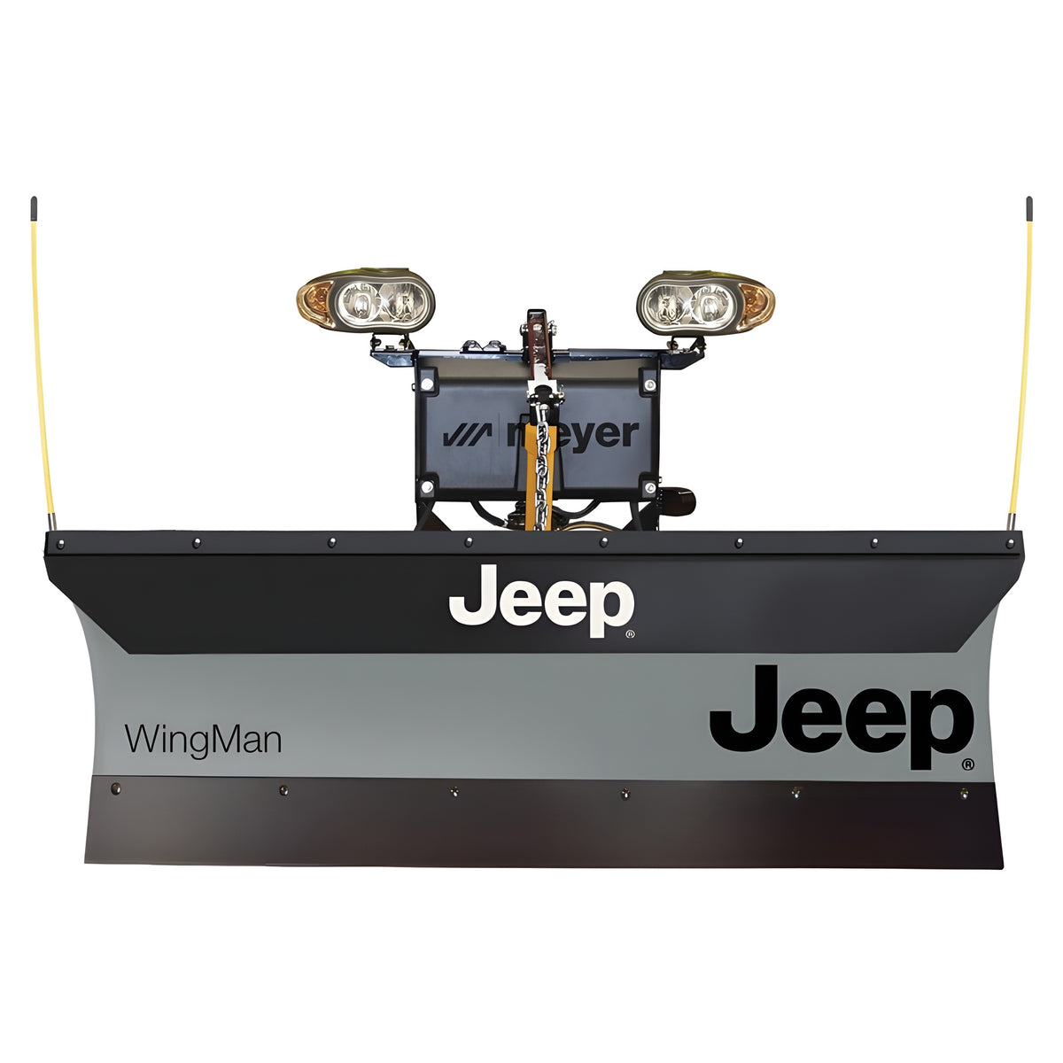 Meyer Jeep WingMan snow plow with Jeep graphics, plow lights and hydraulic unit, front view