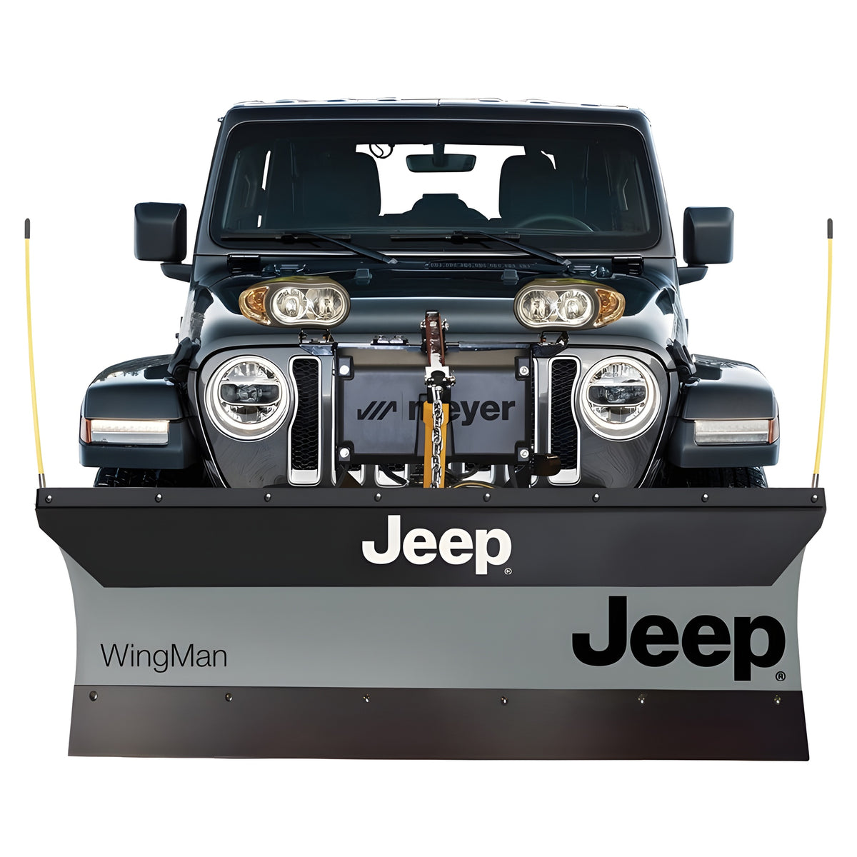 Meyer Jeep WingMan 78320 snow plow mounted on a Jeep Wrangler, front view