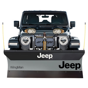 Meyer Jeep WingMan 78320 snow plow mounted on a Jeep Wrangler, front view