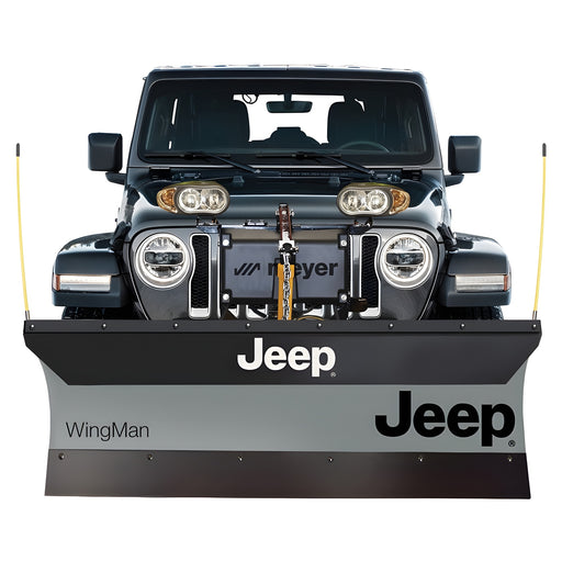 Meyer Jeep WingMan 78320 snow plow mounted on a Jeep Wrangler, front view