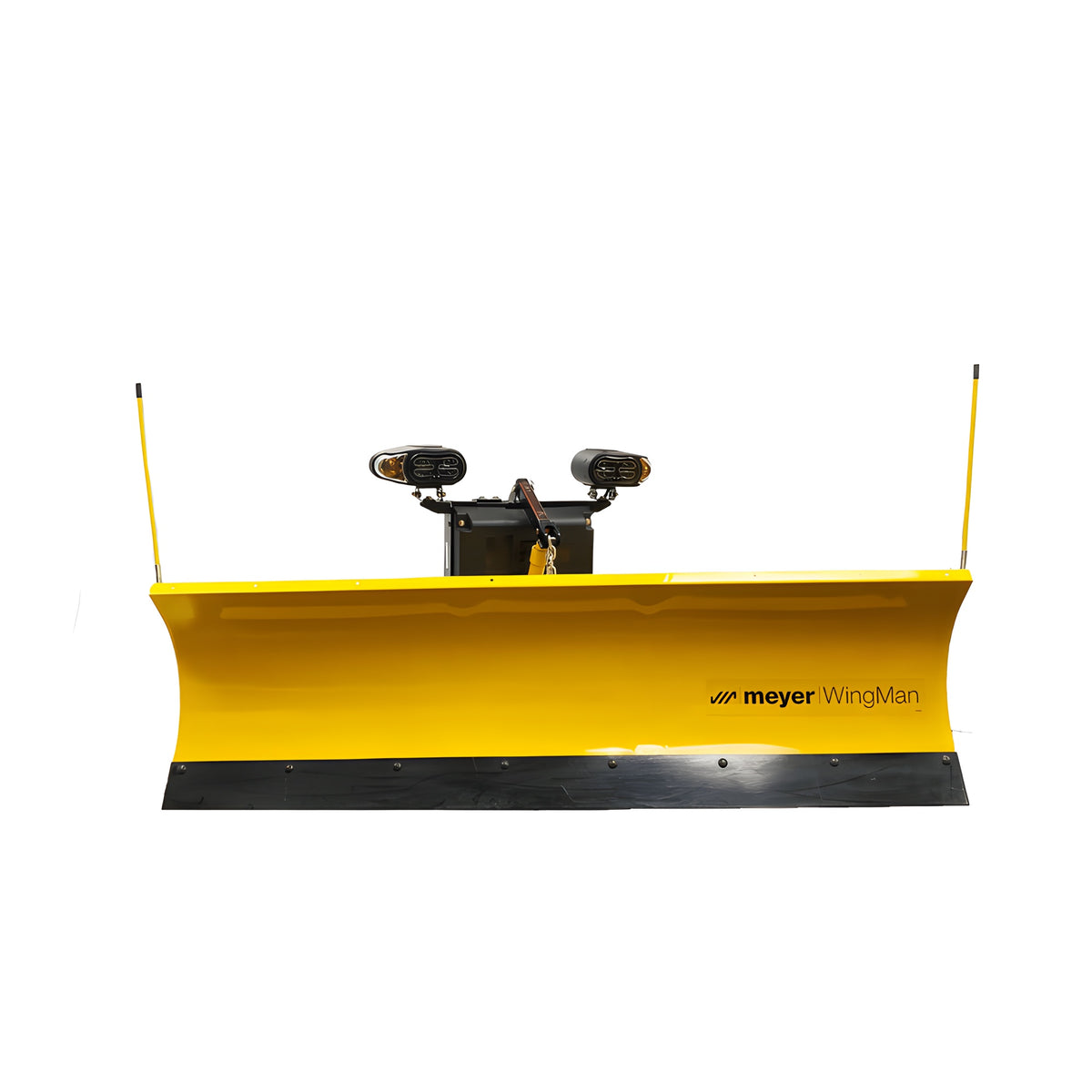 Meyer WingMan 28320 snow plow, front view with yellow moldboard, plow markers, plow lights and hydraulic unit