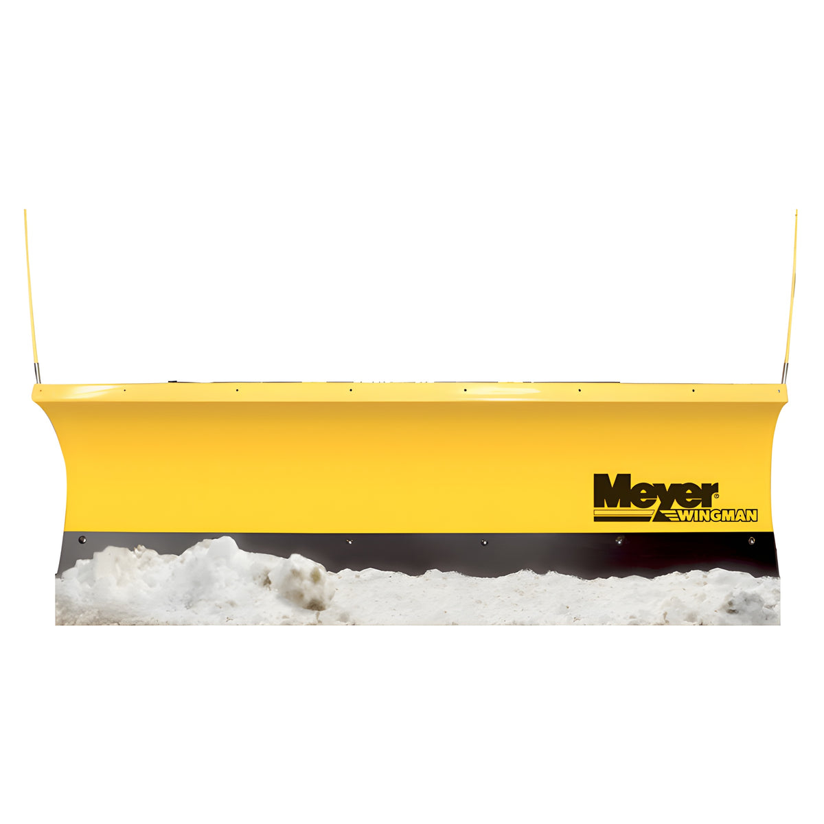 Yellow Meyer WingMan moldboard with black cutting edge and plow markers, front view in snow