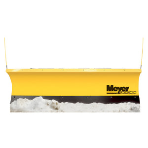 Yellow Meyer WingMan moldboard with black cutting edge and plow markers, front view in snow