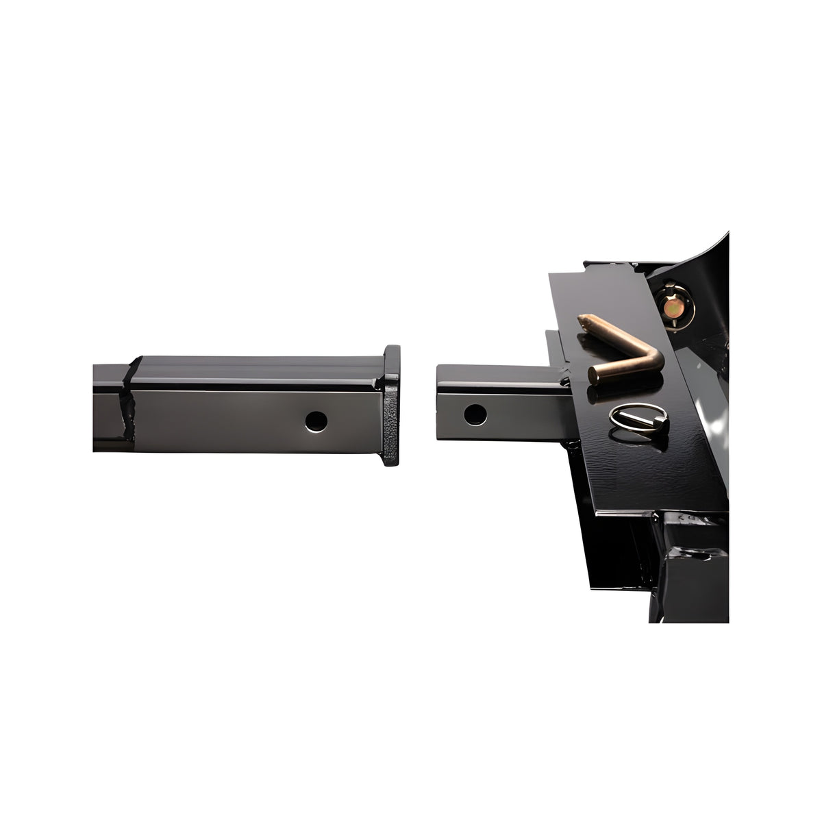 Quick-Link mount bar lined up with a front receiver tube, with hitch pin and clip