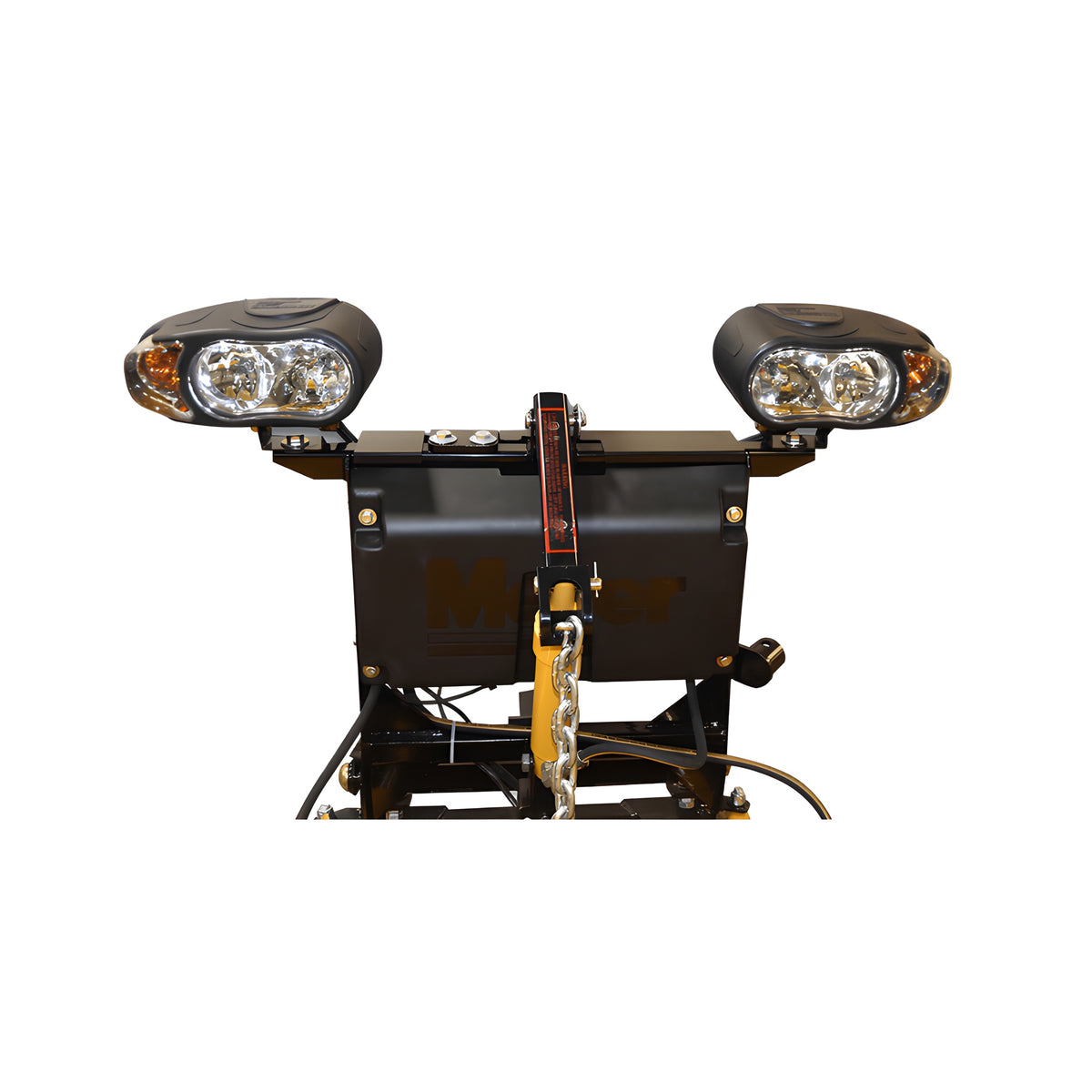 Two plow lights on the light bar above the covered hydraulic unit, rear view