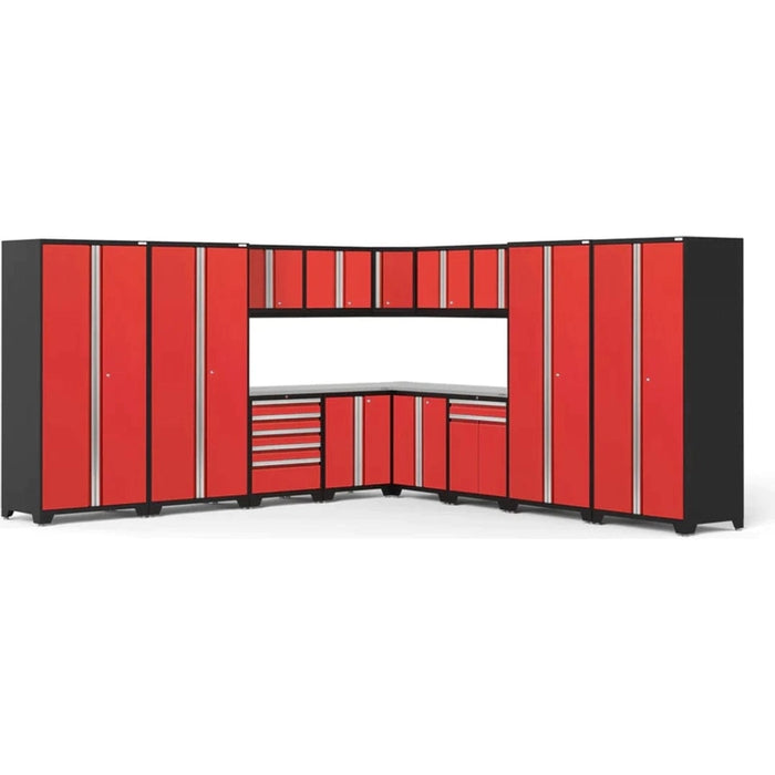 NewAge Pro 3.0 Series 16-Piece Cabinet Set with Lockers, Wall, Tool Drawer, Base, Corner Wall Cabinet and 56 in. Worktop- red stainless