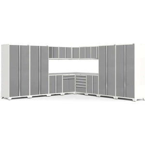 NewAge Pro 3.0 Series 16-Piece Cabinet Set with Lockers, Wall, Tool Drawer, Base, Corner Wall Cabinet and 56 in. Worktop- White Stainless