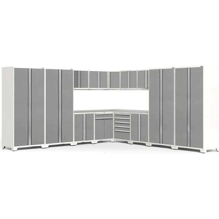NewAge Pro 3.0 Series 16-Piece Cabinet Set with Lockers, Wall, Tool Drawer, Base, Corner Wall Cabinet and 56 in. Worktop- White Stainless