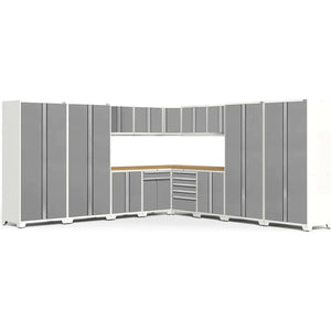 NewAge Pro 3.0 Series 16-Piece Cabinet Set with Lockers, Wall, Tool Drawer, Base, Corner Wall Cabinet and 56 in. Worktop- white bamboo