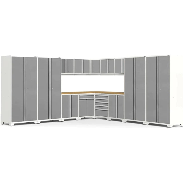 NewAge Pro 3.0 Series 16-Piece Cabinet Set with Lockers, Wall, Tool Drawer, Base, Corner Wall Cabinet and 56 in. Worktop- white bamboo