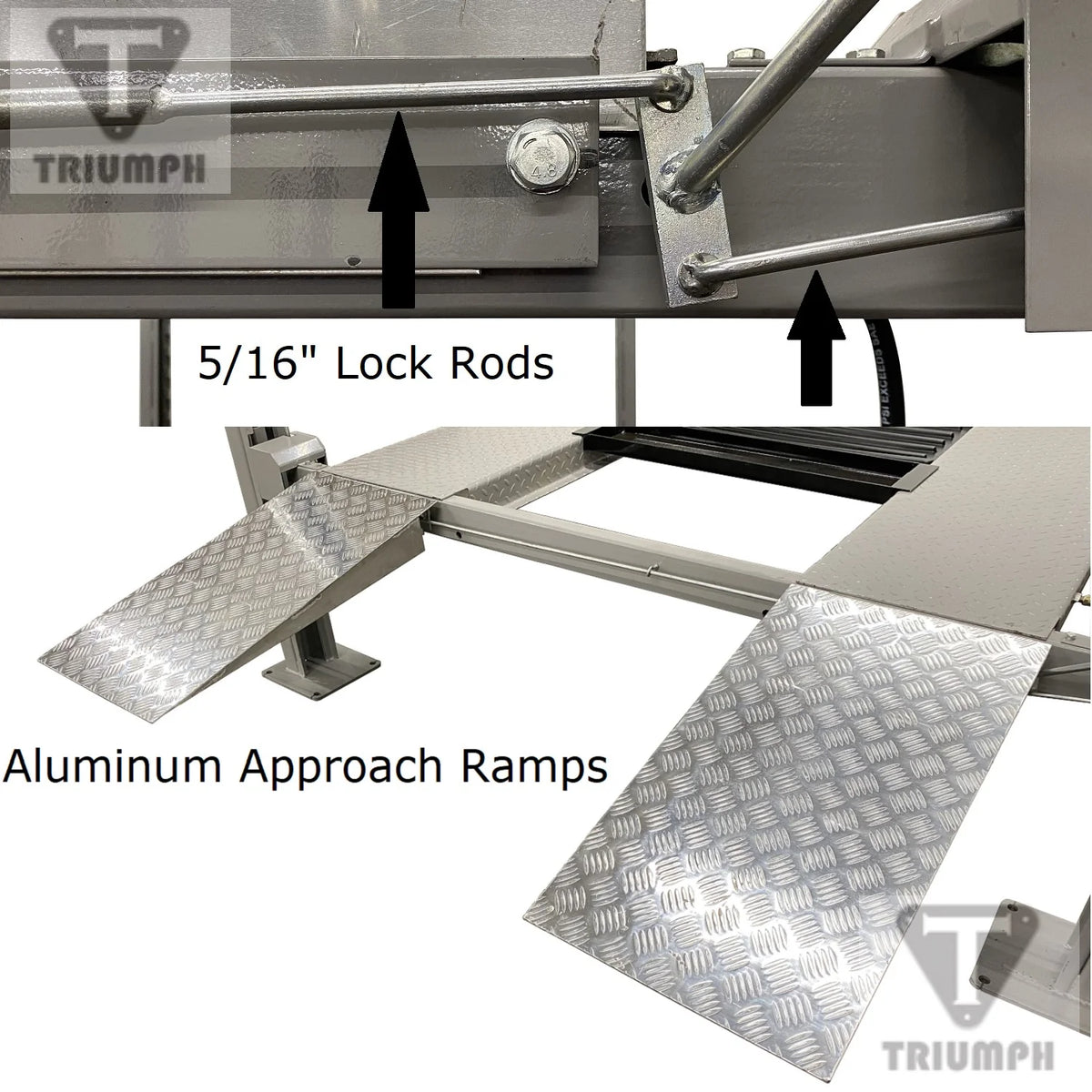 Close-up of the lift's 5/16" lock rods and an aluminum diamond-plate drive-on approach ramp.