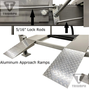 Close-up of the lift's 5/16" lock rods and an aluminum diamond-plate drive-on approach ramp.