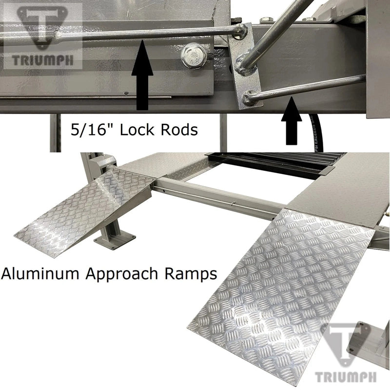 Close-up of the lift's 5/16" lock rods and an aluminum diamond-plate drive-on approach ramp.