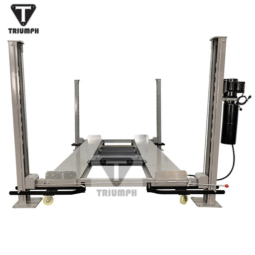 Grey Triumph NSS-8XLT four-post storage lift, front view with power unit and caster wheels.