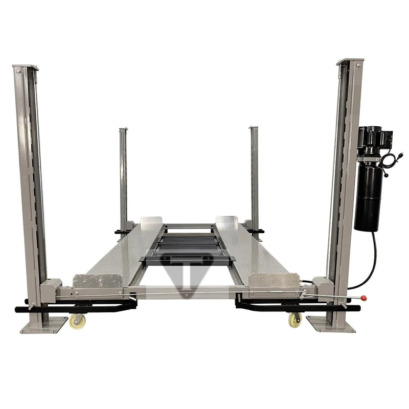 Grey Triumph NSS-8XLT four-post storage lift, front view with power unit and caster wheels.