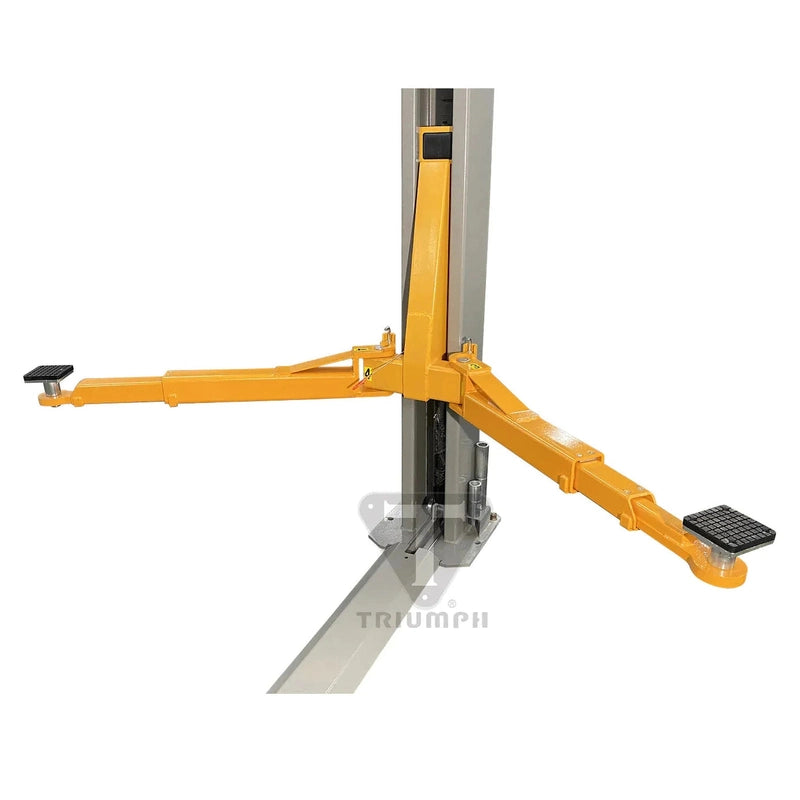 Close-up of an NT-11 column base and two unequal-length orange telescoping swing arms with rubber lift pads