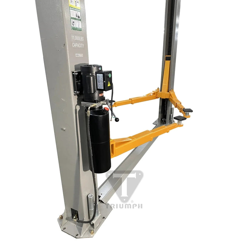 Column-mounted electric-hydraulic power unit on the NT-11: motor, reservoir, and release handle