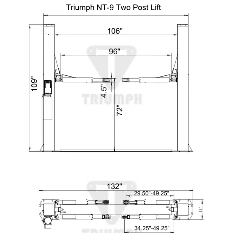 Triumph NT-9 dimensions diagram with callouts for between-post width, drive-thru width, lift height, and overall width