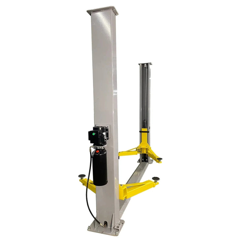 Two-post lift in three-quarter view with the black power unit mounted on the near column