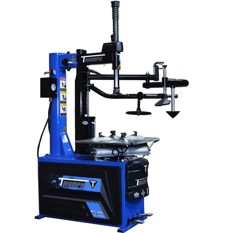 Triumph NTC-950-1 tire changer, front view showing the mount head, turntable and clamps