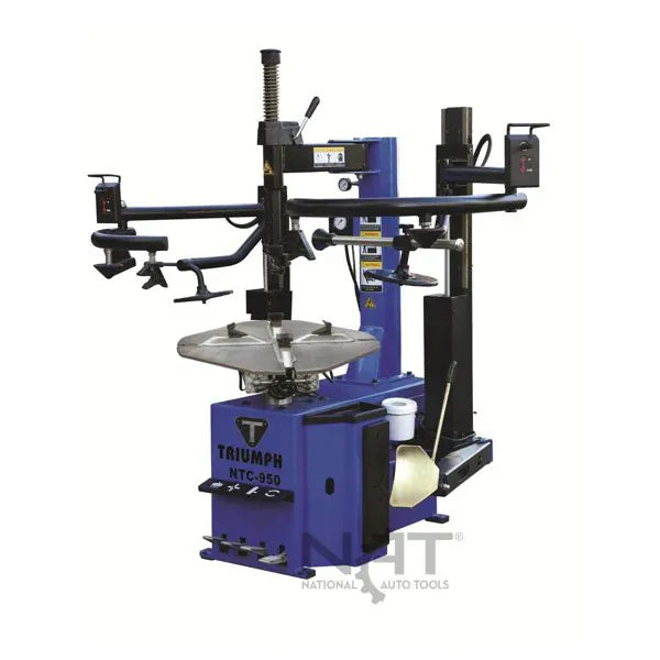 Triumph NTC-950-2 tire changer with dual assist arms, turntable clamps, and side bead breaker