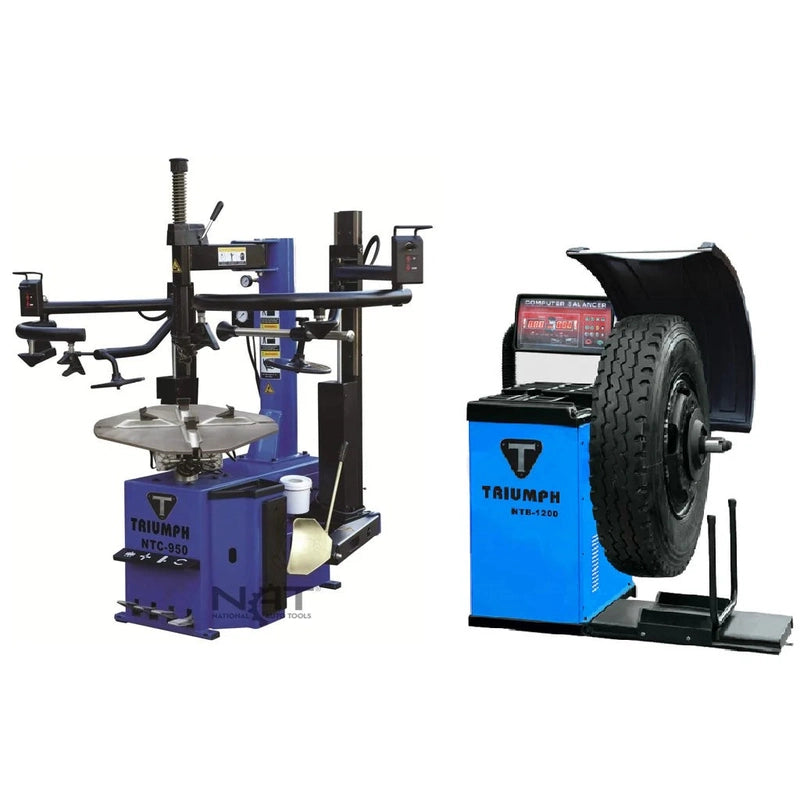 Triumph NTC-950-2 tire changer with dual assist arms beside the NTB-1200 wheel balancer holding a truck tire