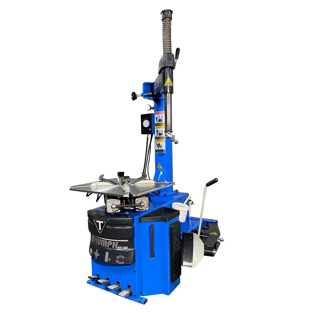 Triumph NTC-950 tire changer, angled view showing the side-mounted bead breaker