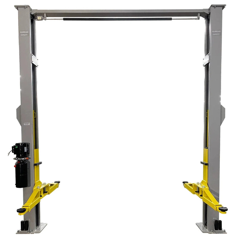 Triumph NTO-10A two-post overhead lift, front view, columns marked 10,000 lb capacity