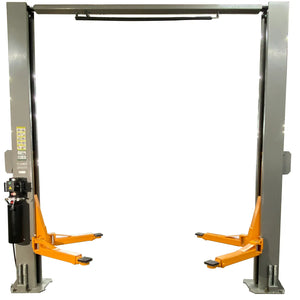 Triumph NTO-11A two-post lift, front view with swing arms extended