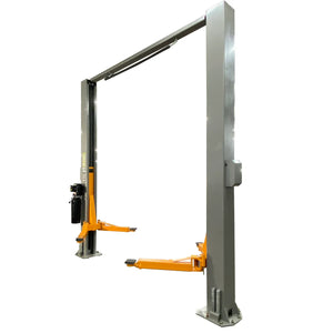 Triumph NTO-11A two-post lift, three-quarter view with swing arms extended
