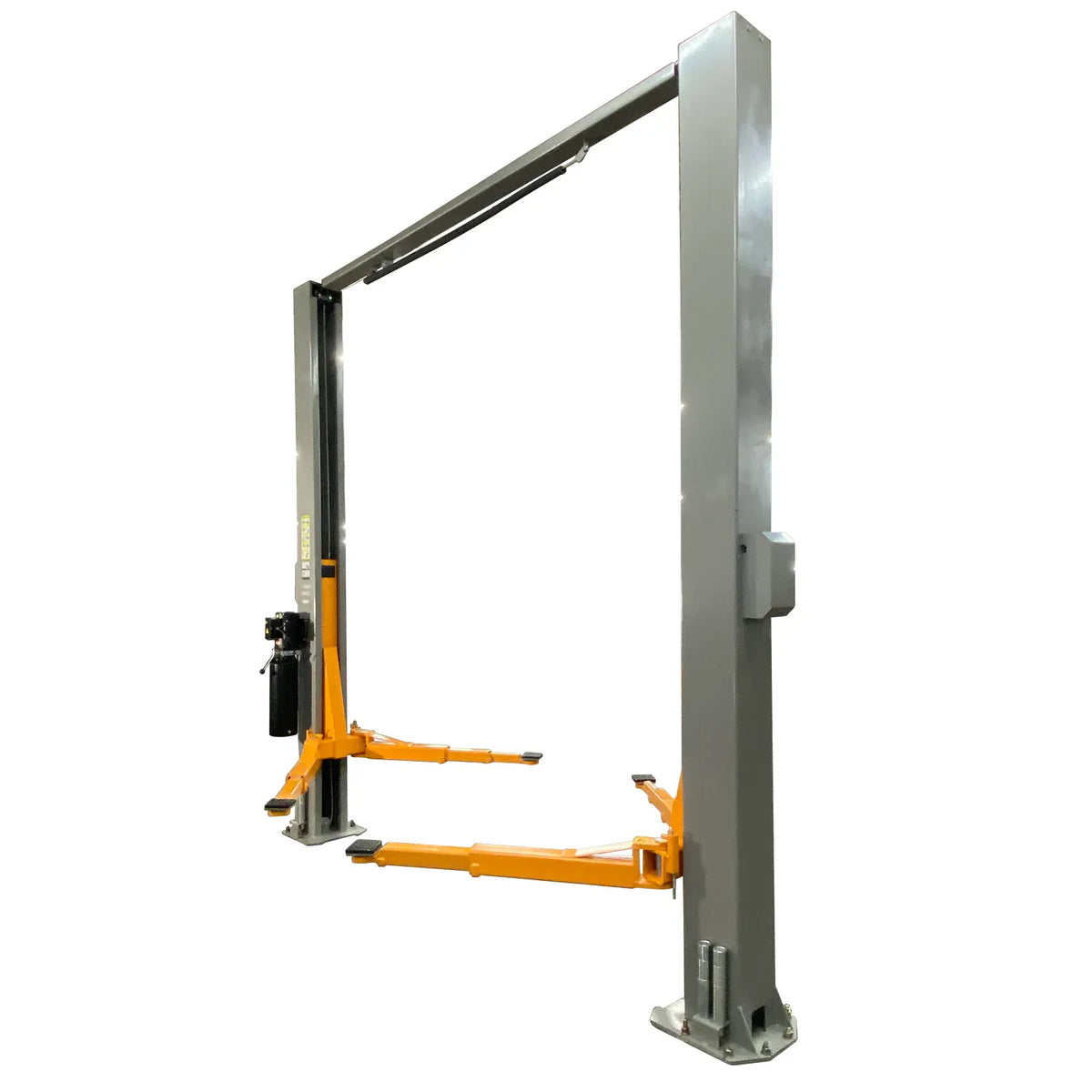 Triumph NTO-11A two-post lift, angled view with swing arms deployed