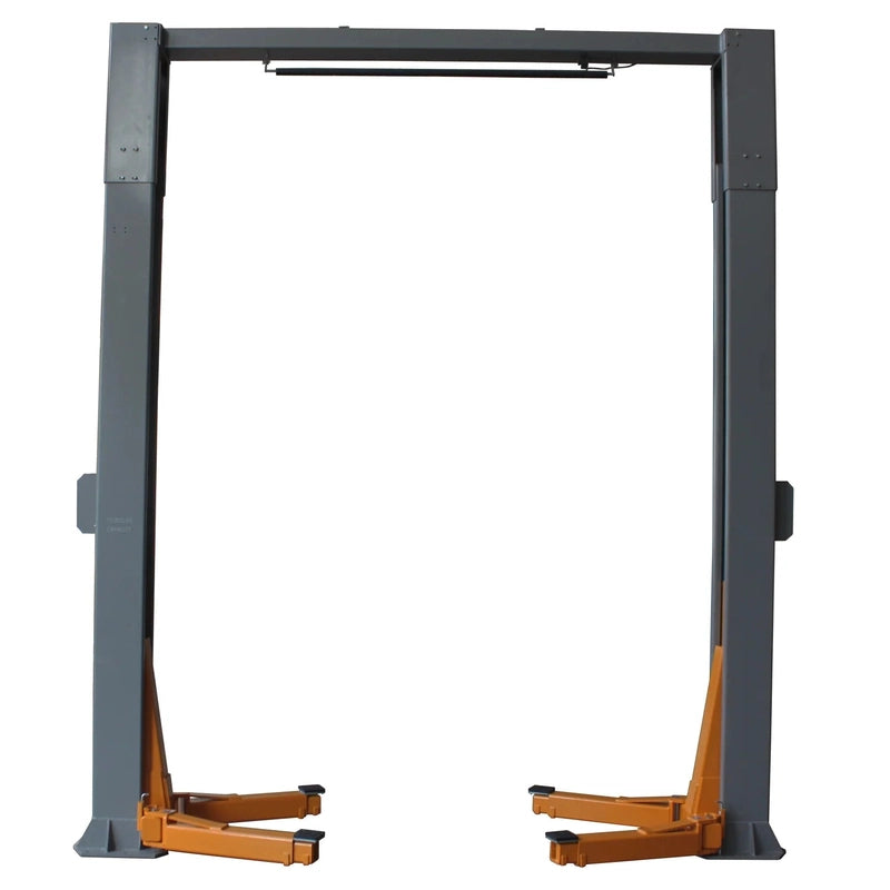 Triumph NTO-20S two-post lift, front view with swing arms folded at the base