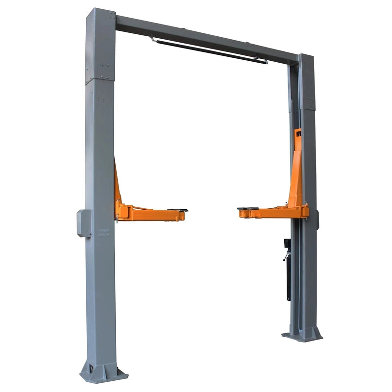 Triumph NTO-20S two-post overhead auto lift, front view with deployed orange swing arms