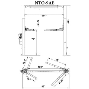 Triumph NTO-9AE dimensional diagram with two-post lift measurements