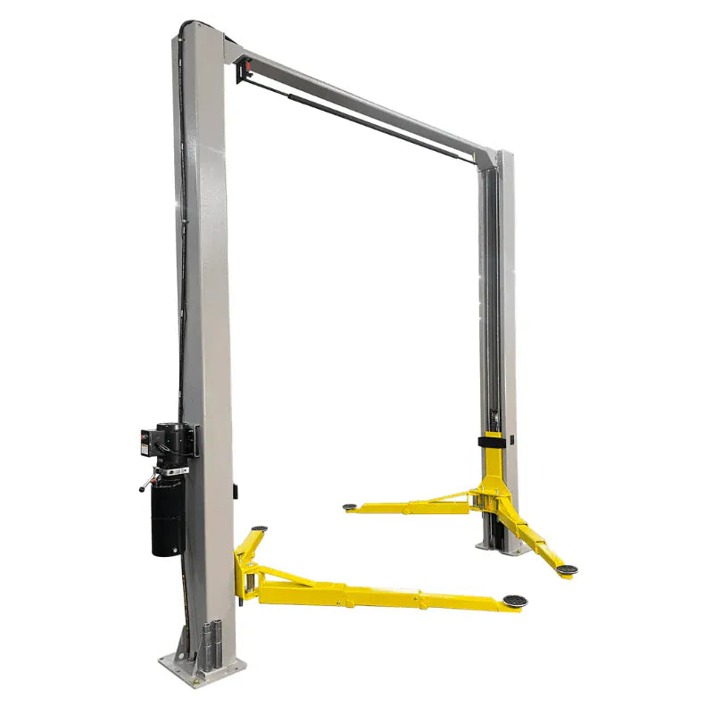 Triumph NTO-9AE overhead two-post lift, three-quarter view with arms extended