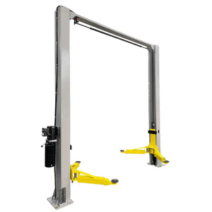 Triumph NTO-9AE overhead two-post lift, three-quarter view with arms folded
