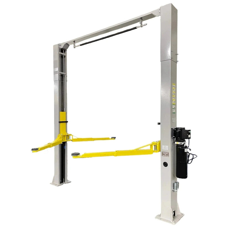 Triumph NTO-9AE overhead two-post lift, three-quarter view of the assembled unit