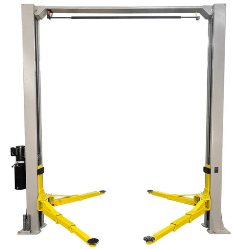 Triumph NTO-9AE 9,000 lb overhead two-post auto lift, front view with swing arms extended