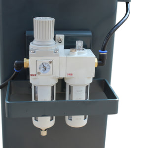SNS air filter-regulator with pressure gauge and lubricator mounted on a lift post